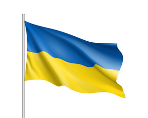 Vector template of Ukraine flag on metallic pole. Waving flag of Ukrainian on flagstaff- country symbol. Isolated illustration on white background. 3d icons with blue and yellow colors.