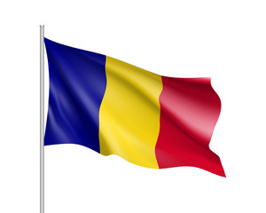Waving flag of Romania state. Illustration of European country flag on flagpole with red and white colors. Vector 3d icon isolated on white background