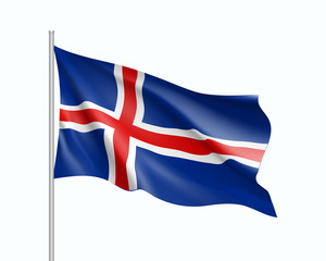 Fototapeta premium Waving flag of Iceland state. Illustration of European country flag on flagpole. Vector 3d icon isolated on white background