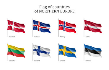 Set of flags of Northern Europe countries. States ensigns on flagpole: Estonia and Norway, Latvia and Lithuania, Iceland and Finland, Sweden and Denmark. Vector icons isolated on white background.