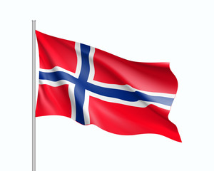 Waving flag of Norway state. Illustration of European country flag on flagpole. Vector 3d icon isolated on white background