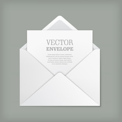 Blank template of open white envelope with empty sheet. Vector realistic mockup for letter or invitation card. Symbol of postal message, post mail, email or business document. Icon isolated.