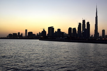 Fototapeta na wymiar Dubai Ferry route at evening view, Dubai Canal, United Arab Emirates