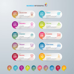 Naklejka premium Info-graphic design template and marketing icons, Business concept with 10 options, parts, steps or processes. used for work-flow layout, diagram, banner, number options, graphic or web design.