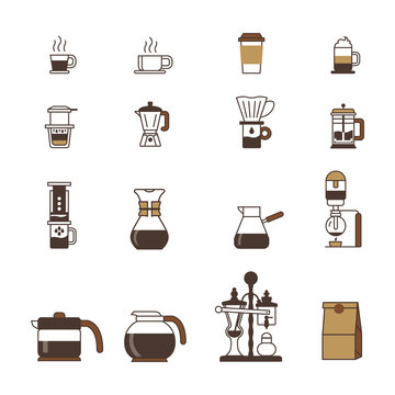 Set Of Vector Coffee Elements And Coffee Machine Icons Illustration. Can Be Used As Logo Or Icon In Premium Quality Icons Style 