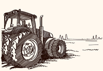 Tractor on a field. Vector freehand linear ink hand drawn picture.