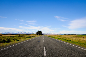 Highway 8, the road between Lake Tekapo and Lake Pukaki in the South Island, during spring season of New Zealand.