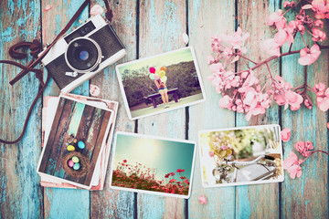 Fototapeta na wymiar Photo album in remembrance and nostalgia of Happy easter day in spring on wood table. instant photo of vintage camera - vintage and retro style