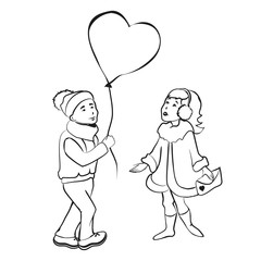 love, 14.02, heart, boy, girl,illustration, Roman, balloon, Valentine's day, white,  black outline,vector, card, banner, greeting card, happiness,  gift