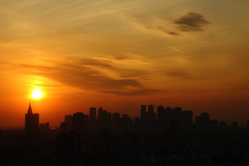 Fototapeta na wymiar Shinjuku cityscape and Mt. Fuji silhouette at twilight in Tokyo, JAPAN.