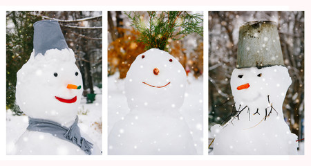Portraits of three snowman in the park