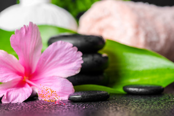 Obraz na płótnie Canvas beautiful spa background of pink hibiscus flower, leaves, towel