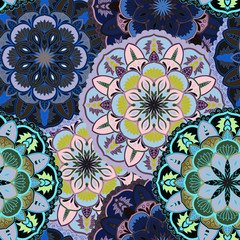 Seamless round ornament pattern for printing on fabric or paper. Hand drawn background. Elements for your design.
