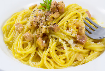 Pasta, Spaghetti carbonara Italian food background, Carbonara with ham bacon and cheese, Closd up.