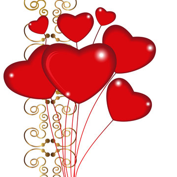 Group Of Red Balloon Hearts On Strings With Gold Ornament Decoration. Vector