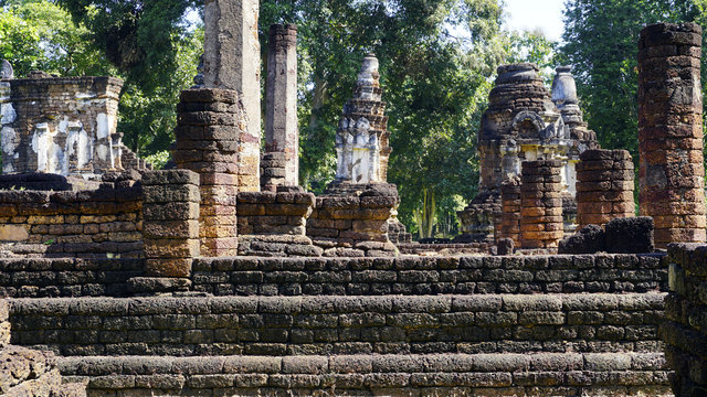 Historical Pagoda laterite steon base temple in Sukhothai