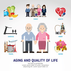 Quality of life in older ages. Senior man and woman activities. Senior citizen. Info-graphic inspire to drive your business project. Vector illustration. 
