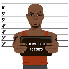 african american criminal with tattoos holding mugshot
