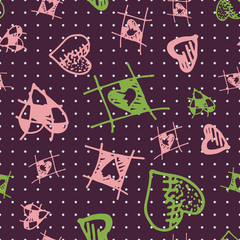 Retro hand-drawn sketches color seamless background with hearts for valentines and wedding day