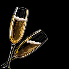 Two glasses with champagne on a black background, vector illustration.