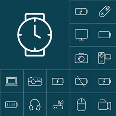 thin line clock, wrist watch, icon on blue background, gadgets s
