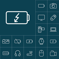 thin line battery icon on blue background, gadgets set