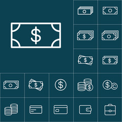 thin line cash, dollar icon on blue background, money icons set