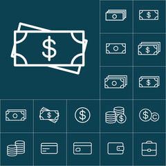 thin line cash, dollar icon on blue background, money icons set