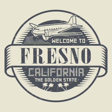 Stamp with airplane and text Welcome to California, Fresno