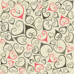 Seamless pattern of gray and pink hand drawn stylized hearts with flourishes on light background. Concept for Valentine's Day on 14 February or wedding.