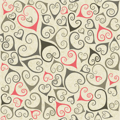 Naklejka premium Seamless pattern of gray and pink hand drawn stylized hearts with flourishes on light background. Concept for Valentine's Day on 14 February or wedding.