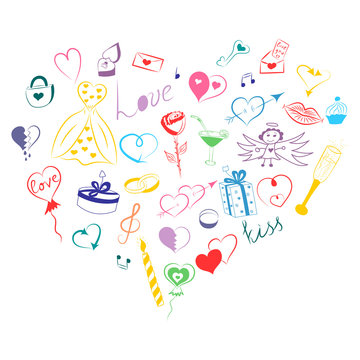 Hand Drawn Set of Valentine's Day Symbols. Children's Funny Doodle Drawings of Colorful Hearts, Gifts, Rings, Balloons Arranged in a shape of Heart. Sketch Style. Vector Illustration.