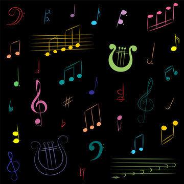 Hand Drawn Set of  Music Symbols. Colorful Doodle Treble Clef, Bass Clef, Notes and Lyre on Black. Vector Illustration.