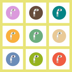 flat icons set of man silhouette thinking about business pie chart concept on colorful circles