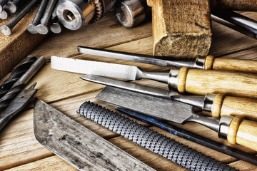 Carpentry tools and lying on a wooden table