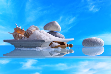 Fototapeta na wymiar Sea salt with shells on a background of blue sky