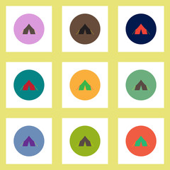Collection of stylish vector icons in colorful circles camp tourist tent
