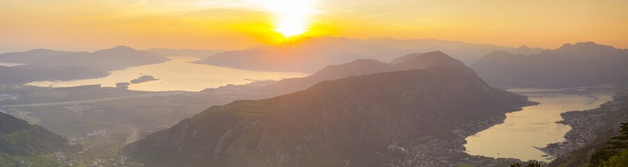 Fototapeta na wymiar sunset over the Boka Kotor in Montenegro, the view from the moun
