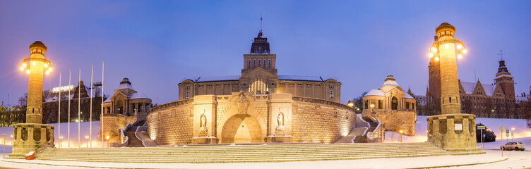 Old landmarks of Szczecin in a winter coat,panorama