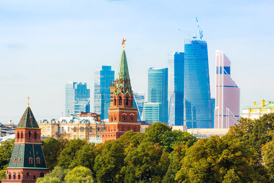 Moscow City business district with Kremlin tower