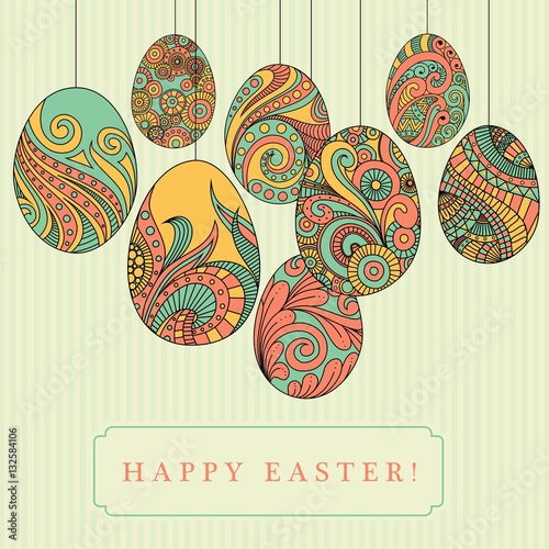 Easter Card Colorful Eggs With Abstract Patterns Doodle Art