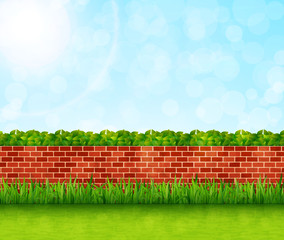 Garden background with brick wall and green grass vector