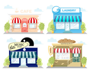 Set of front facade buildings: music store, cafe, laundry and bakery with a sign, awning and symbol in shopwindow. Abstract image in a flat design. Vector illustration isolated on white background