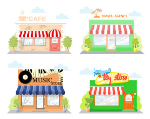 Set of front facade buildings: music store, cafe, toy store and travel agency with a sign and symbol in shopwindow. Abstract image in a flat design. Vector illustration isolated on white background