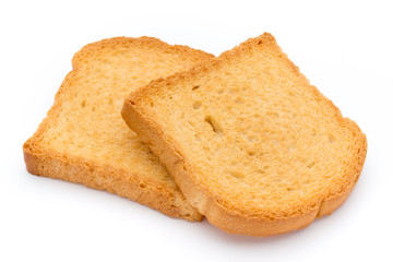 Slices of toast bread on wooden table, top view.