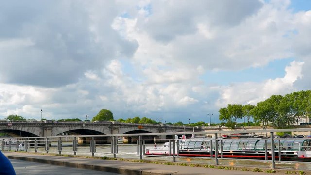 4K Siene River, Cityscape View of River Bank, Streets and Paris City, France