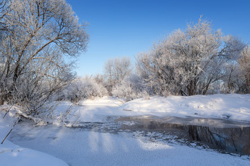 зимний пейзаж с деревьями в инее возле замерзшего ручья, Россия