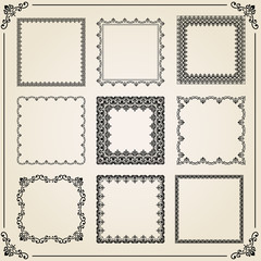 Vintage set of elements. Different vector square elements for decoration and design frames, cards, menus, backgrounds and monograms. Classic patterns. Set of vintage patterns