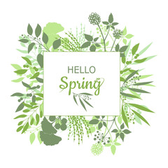 Hello Spring green card design with text in square floral frame