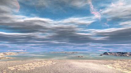 Fototapeta na wymiar Fantasy alien planet. Mountain and lake. 3D illustration